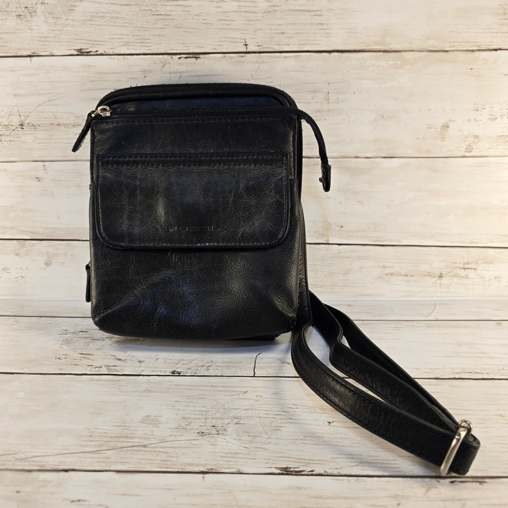 Fossil‎ Black Leather Crossbody Bag Organizer Messenger Flap Pocket Adjustable